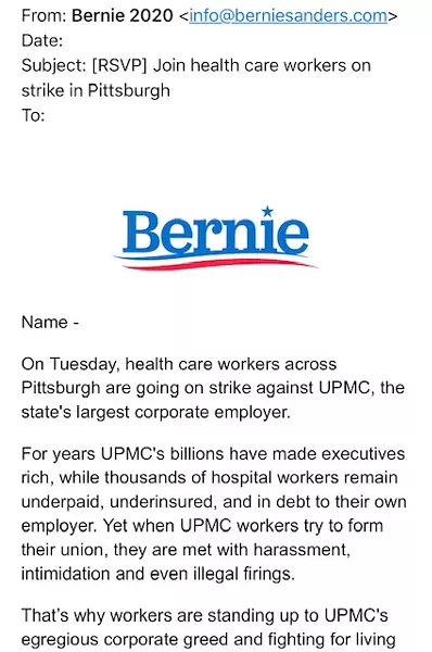 Screenshot of Bernie Sanders campaign email