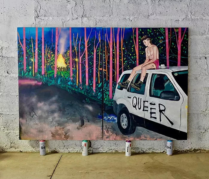 An oil painting of Dig and the "Queer Car" by artist Danielle Klebes
