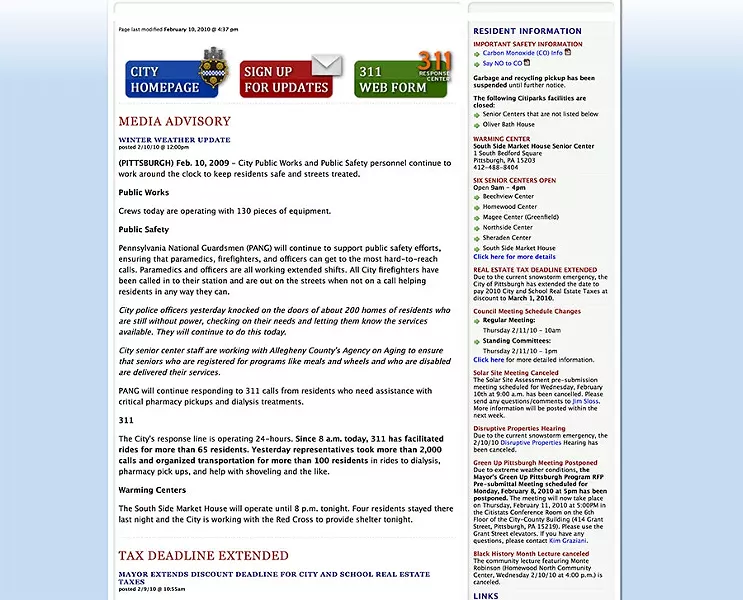 City of Pittsburgh website circa 2010 - IMAGE COURTESY OF INTERNET ARCHIVE: WAYBACK MACHINE