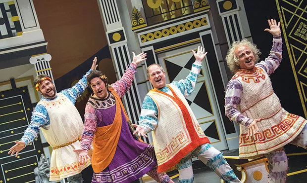 Left to right: Jimmy Kieffer, Jeff Howell, Gavan Pamer and Stephen DeRosa in A Funny Thing Happened on the Way to the Forum, at Pittsburgh Public Theater - PHOTO COURTESY OF MICHAEL HENNINGER