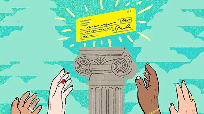 Colorful illustration of hands of different ethnicities reaching up to a check floating in the sky