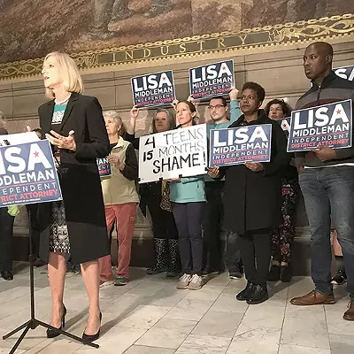 Lisa Middleman speaks at a rally at the Allegheny County Courthouse on Mon., Oct. 7.