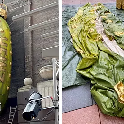 Pittsburgh's giant pickle ornament bursts, just like all of our dreams