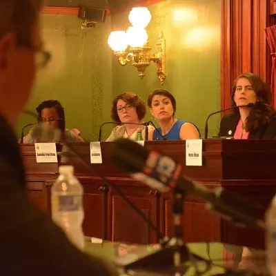 From left to right: Rep. Danielle Friel Otten, Rep. Sara Innamorato, and Rep. Elizabeth Fiedler listen in during a hearing on Restore PA on Mon. June 10, 2019.