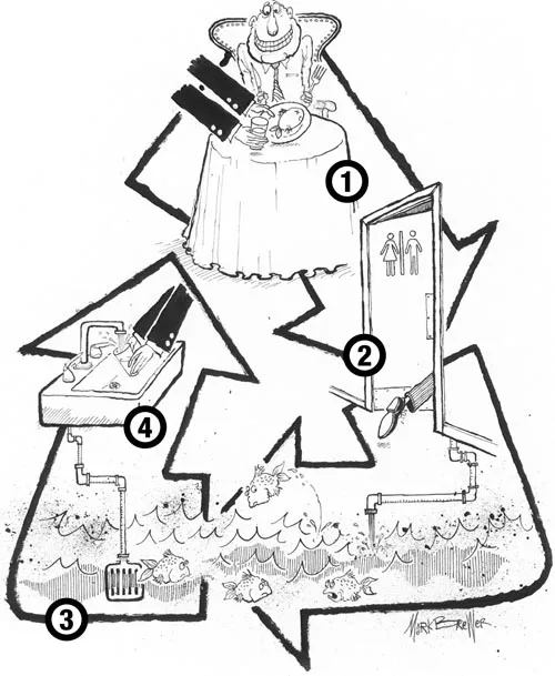 We have met the fish, and they are us: (1) Fish -- along with other foods, beverages, pharmaceuticals and personal-care products we consume -- mostly go (2) down the drain, along with any chemicals they contain. Via sewage treated or untreated, much of it ends up (3) in the river, where we get (4) our water. - MARK BREWER