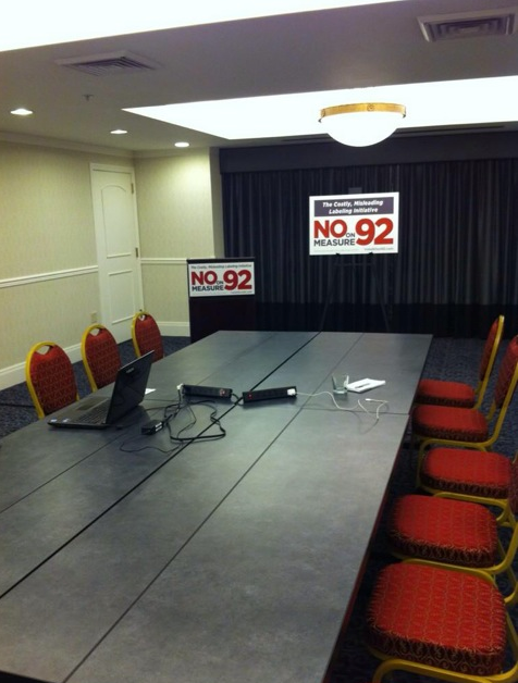 The empty media room at the No on 92 campaign.