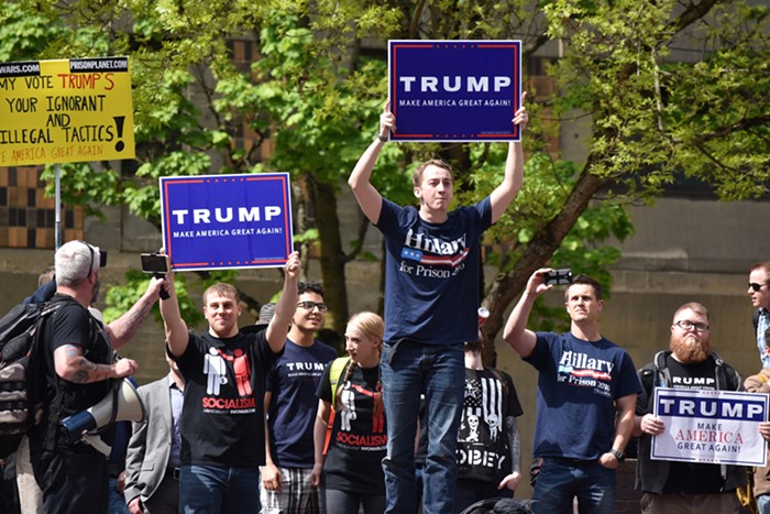 Trump/Infowars supporters reach Urban Center Plaza, where an anti-Trump protest was going on