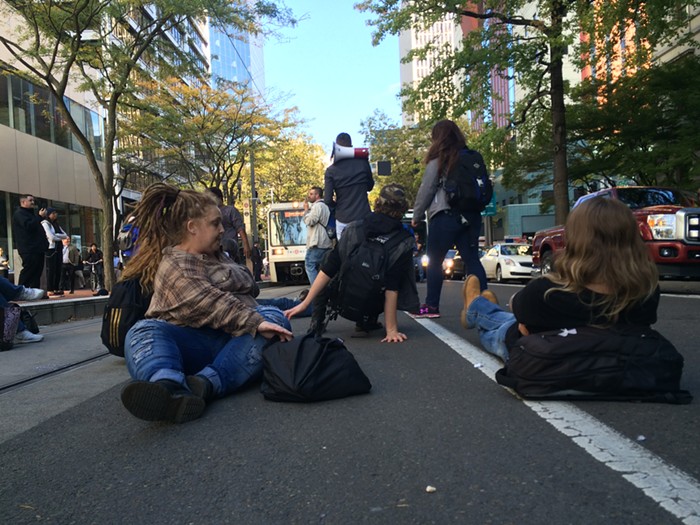 Protestors blocking traffic on Southwest 5th.