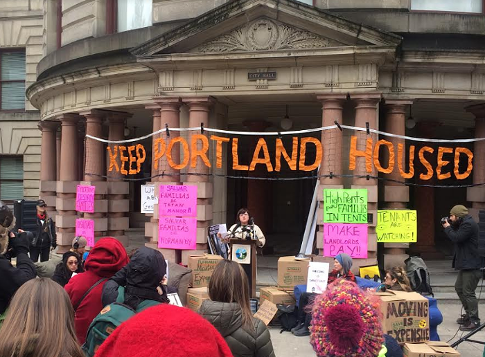 Commissioner Chloe Eudaly addresses supporters of new renter protections Thursday afternoon.