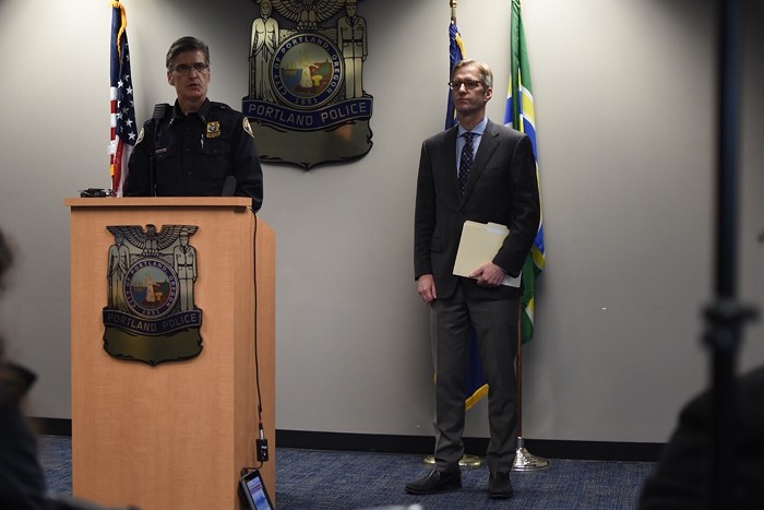 Portland Police Chief Mike Marshman, left, and Mayor Ted Wheeler, right, at a press conference Friday afternoon Portland Police Chief Mike Marshman, left, and Mayor Ted Wheeler, right, at a press conference Friday afternoon