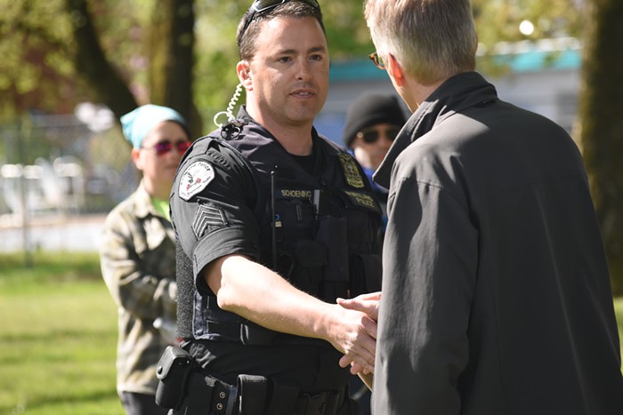 Mayor Ted Wheeler showed up for a bit. He shook hands and got teased by protesters