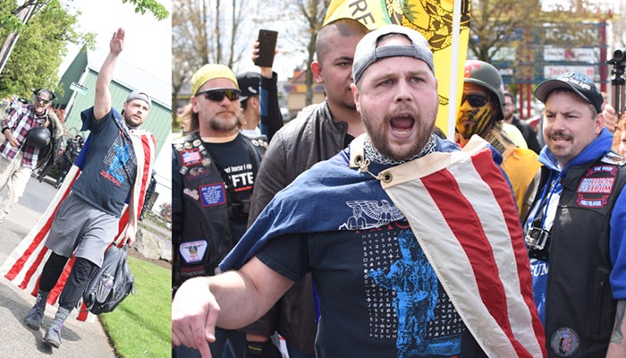 Jeremy Christian, now accused of hate crime murders, at the right-wing March for Free Speech on April 29 (Note: the people in the background are not associated with Jeremy Christian)