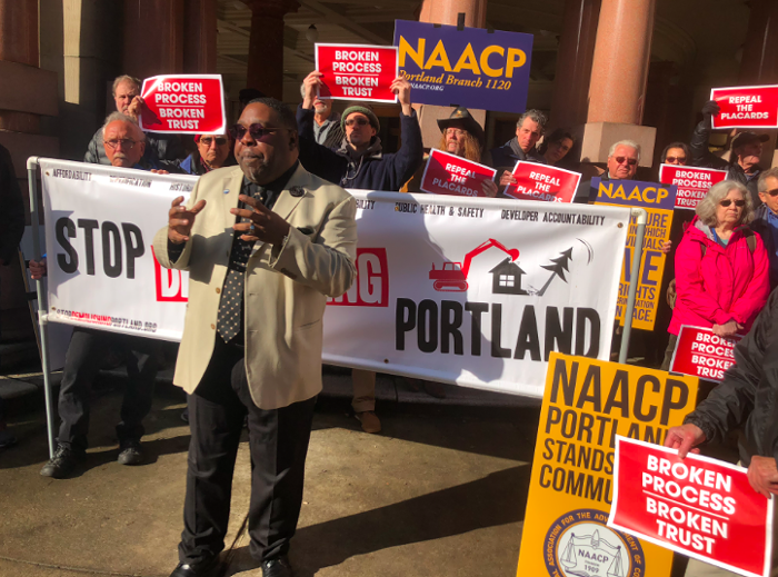 E.D. Mondaine, president of Portland’s NAACP chapter, speaks at a rally outside Portland City Hall Wednesday morning.