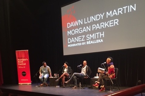 Danez Smith, Morgan Parker, Dawn Lundy Martin, and Béalleka at the Winningstad Theatre