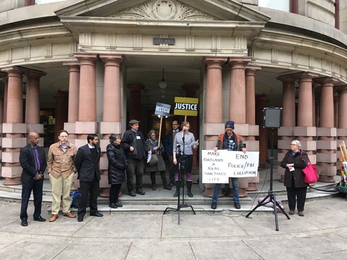 Groups including the Oregon ACLU, CAIR Oregon, and Portland Copwatch call on the city to nix JTTF involvement last week.