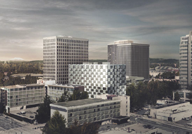 A rendering of the Block 45 project (center), a massive affordable housing development set to rise in the Lloyd District A rendering of the Block 45 project (center), a massive affordable housing development set to rise in the Lloyd District