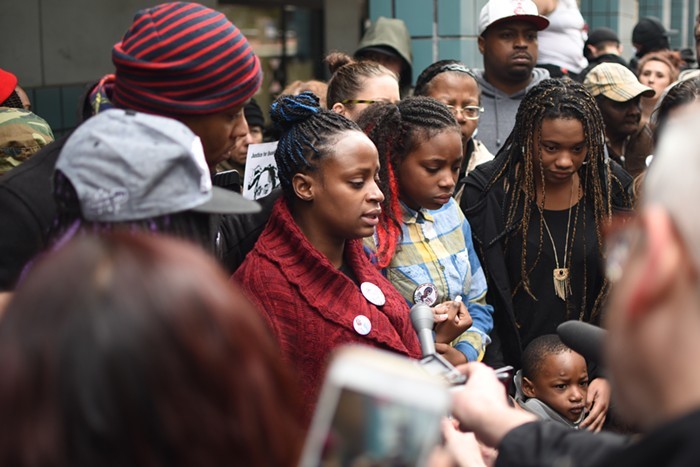 Venus Hayes talks to reporters outside of the Multnomah County Justice Center. Venus Hayes talks to reporters outside of the Multnomah County Justice Center.