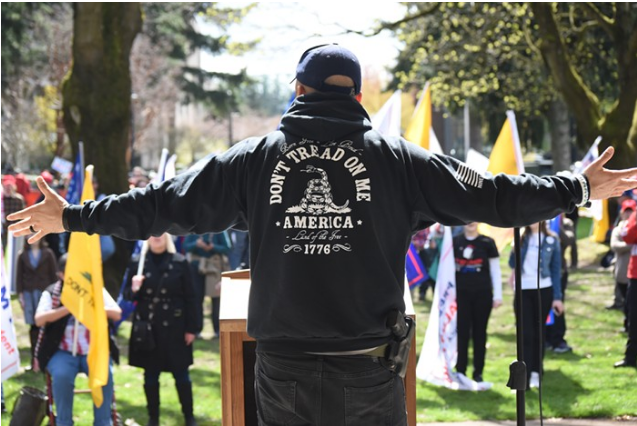 Joey Gibson speaking at a pro-Trump rally he organized in 2017. Joey Gibson speaking at a pro-Trump rally he organized in 2017.