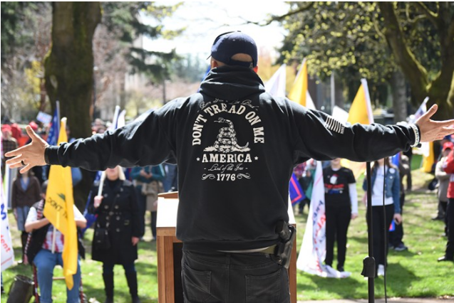 Joey Gibson speaking at a pro-Trump rally he organized in 2017.