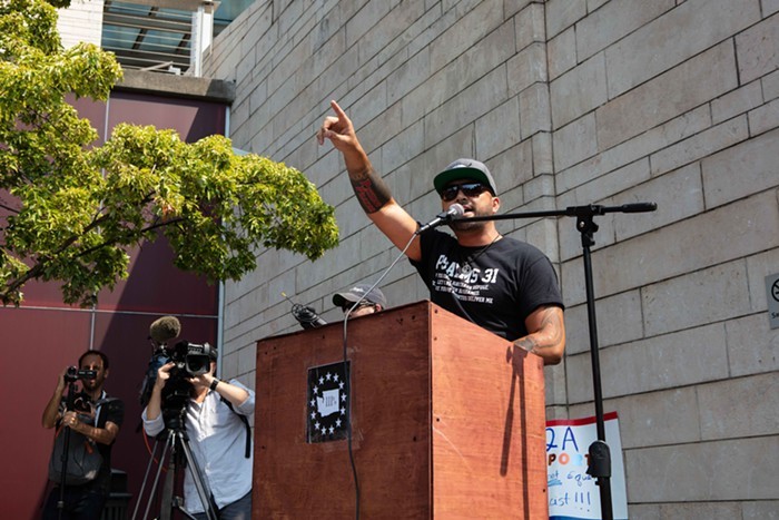 Gibson at a Seattle protest in 2018.