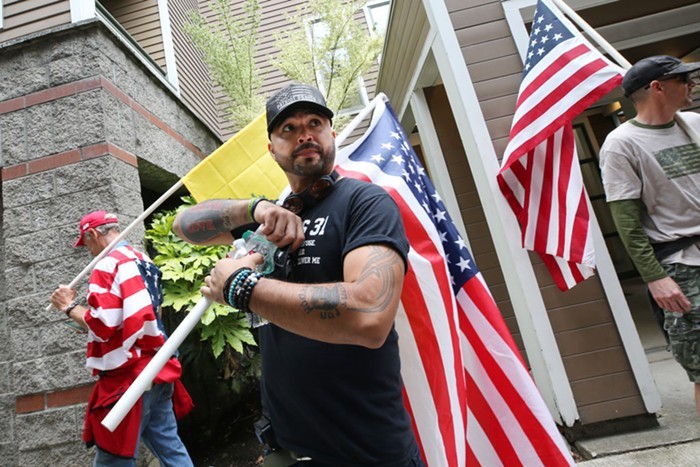 Joey Gibson at a August 17 rally in downtown Portland.