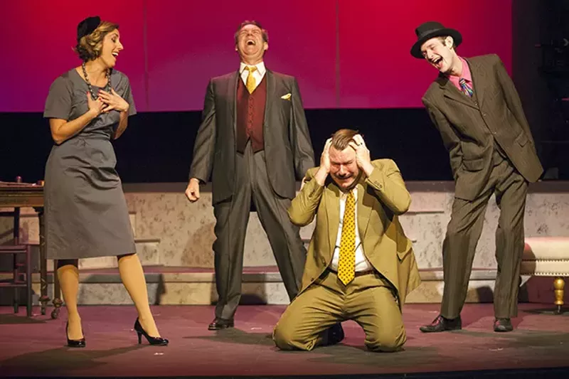 Frank Taggart (Stephen Peirick, kneeling) discovers the communists (from left, Ariel Roukaerts, Gerry Love, Chris Ceradsky) aren't so great after all. - JOHN LAMB