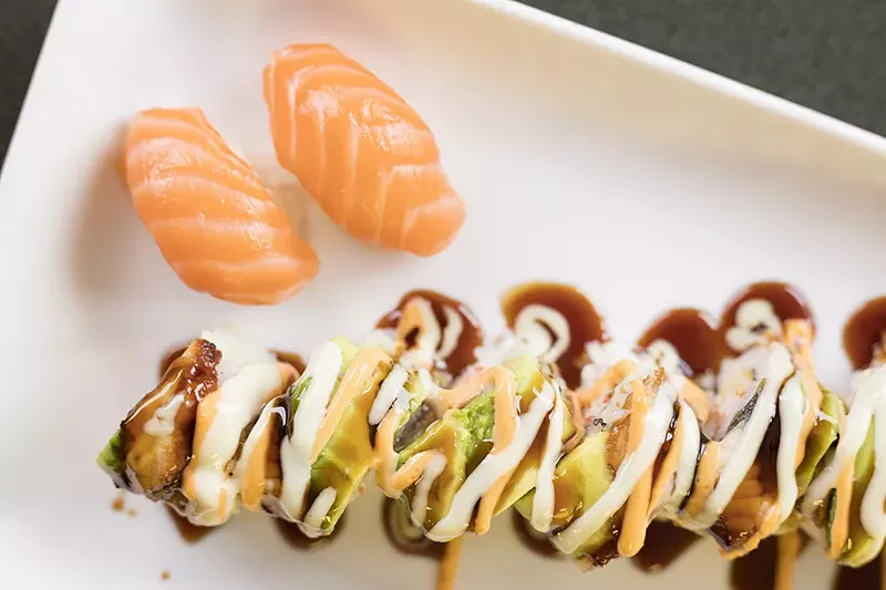 The "Maplewood" is topped with eel, avocado, masago, wasabi honey mayo and eel sauce. - MABEL SUEN