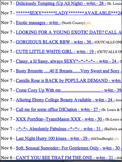 The listings on the St. Louis Craigslist Erotic services page.