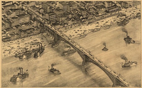 The Eads Bridge, as recorded in the equivalent of the 1875 version of Google Maps. - VIA