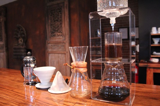 Various coffee brew methods used at Sump Coffee: French press, siphon filter, cloth drip filter, Chemex and Kyoto drip or cold-drip. - MABEL SUEN