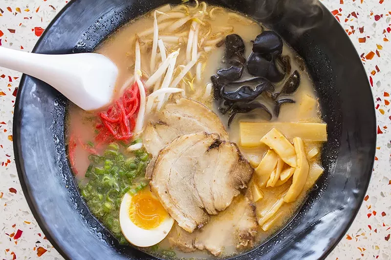 Tonkatsu ramen with roast pork, green onions, boiled egg, seasoned bamboo shoots, bean sprouts, nori, red ginger and wood ear mushroom. - PHOTO BY MABEL SUEN