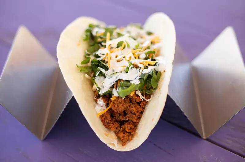 The “Number of the Beef” is an unabashedly Americanized taco with ground beef seasoned with the shack’s signature Rock Star Dust. - MABEL SUEN