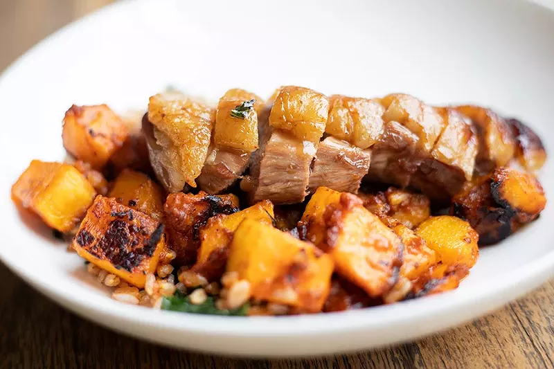 For this dish, the kitchen slices the duck breast into medallions, then gilds the meat with brown butter; together, the butter and duck’s natural jus form a glorious concoction that soaks into the accompanying barley. - MABEL SUEN