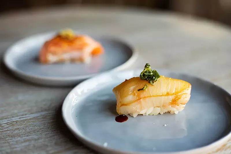 Shima aji topped with scallions and ginger paste. - MABEL SUEN