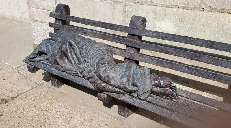 The "Homeless Jesus" sculpture was a fixture in front of New Life Evangelical Center until it was stolen. - RAY REDLICH