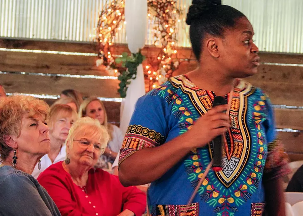 Charity Ikpe, a Rockwood school parent, urged the mostly white attendees at an April 30 forum to recognize that her family experiences racism, and that "white privilege is real." - DANNY WICENTOWSKI