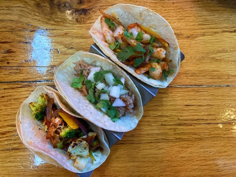 A selection of tacos including the "Livin' on the Veg," the "Amy Swinehouse" and the "Shrimp Bizkit." - CHERYL BAEHR