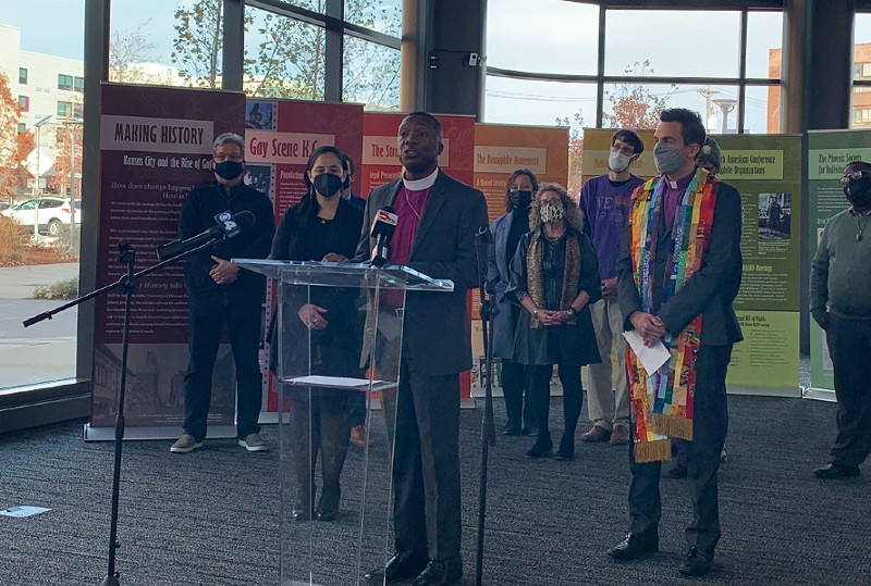 Bishop Deon Johnson speaks at a press conference that marks the opening of "Making History: Kansas City and the Rise of Gay Rights." - JENNA JONES