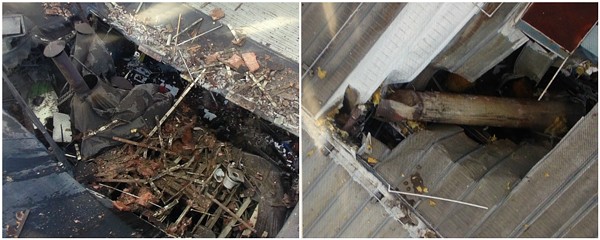 A piece of an industrial boiler shot out of the roof of Loy-Lange Box Co. (L) and crashed through the roof of Faultless Healthcare Linen (R) on Monday. - IMAGES VIA ST. LOUIS FIRE DEPARTMENT
