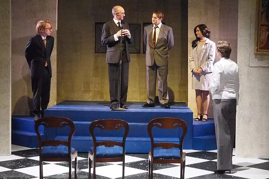 King Charles and Prince William (center, Colin Nichol and Michael Bouchard) discuss the state of England while family and courtiers observe. - RON JAMES