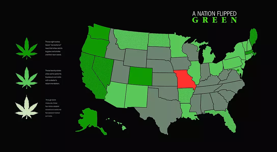 Many states have gone green or voted to do so in 2016. Not Missouri. - ILLUSTRATION BY KELLY GLUECK