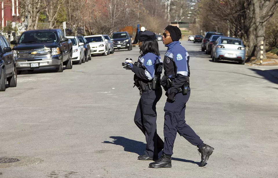 A beat patrol gives the officers freedom to investigate cases. "We actually have the time to get more deeply involved," Garrett notes. - DANNY WICENTOWSKI