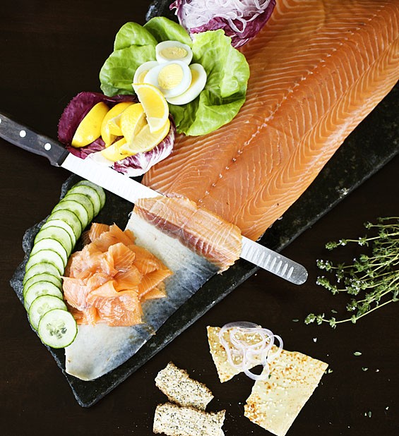 The Scottish Shetland sushi-grade salmon is house cured, smoked and hand sliced.