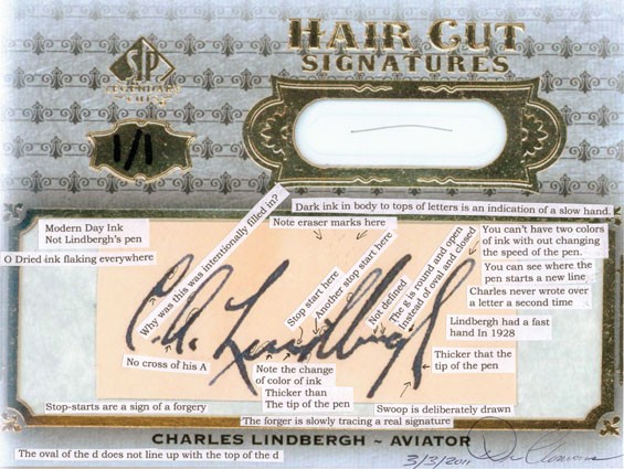 Lindbergh expert Dan Clemons annotated the trading card for his deposition, explaining the numerous errors he alleged the signature contained.