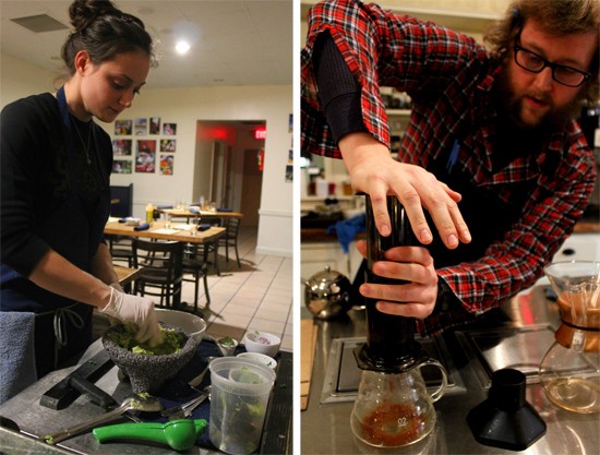 A MEDIAnoche chef prepares guacamole tableside; front of house manager Jeffrey Moll brews a cup of artisan coffee using an AeroPress. - MABEL SUEN
