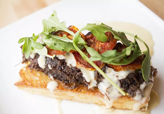Braised beef cheek with oven-dried tomatoes, arugula, focaccia and foie-gras cream. - MABEL SUEN