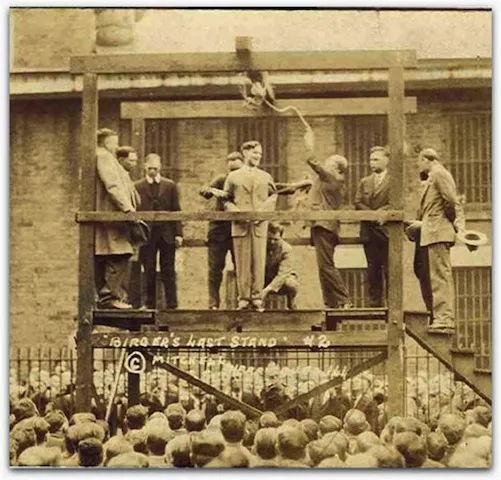 This 1928 photo shows Charlie Birger, center, on the gallows just before his public hanging in Benton, Illinois.