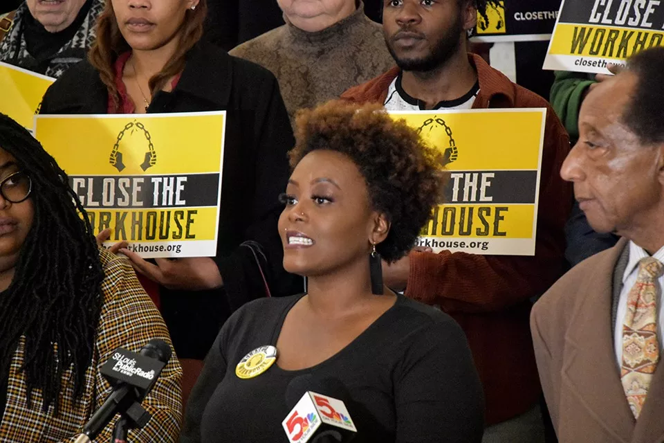 Inez Bordeaux speaks at a Close the Workhouse event in January 2020. - DOYLE MURPHY