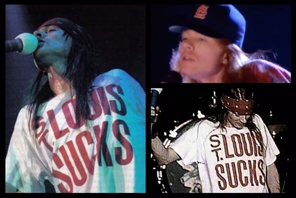Show your hometown pride by giving this guy as hard a time as possible. He deserves it. - SCREEN CAPTURE FROM "DON'T CRY," TWO LIVE VIDEO SCREENGRABS IN "ST. LOUIS SUCKS" SHIRT.