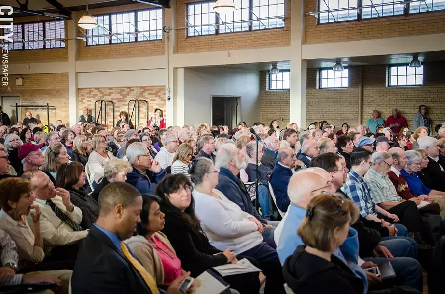 Charlotte residents crammed into a May 5 meeting on the port redevelopment project. - PHOTO BY MARK CHAMBERLIN